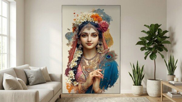 radha in bridal blooms canvas wall art shown framed on a wall
