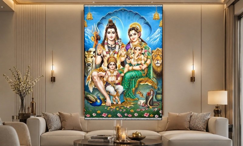 shiva parivar with lion canvas wall art shown framed on a wall
