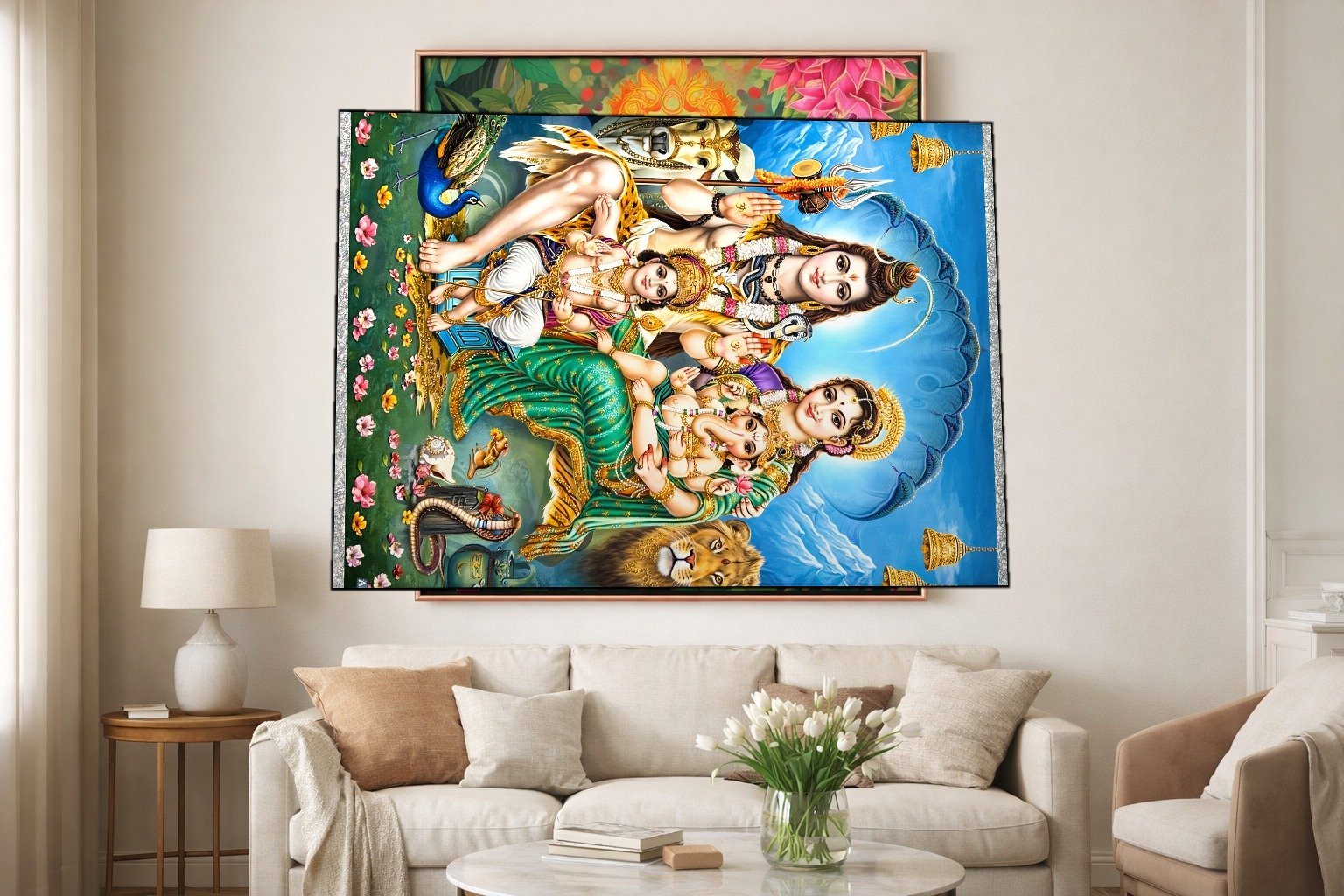 Shiva Parivar with Lion canvas wall art placement