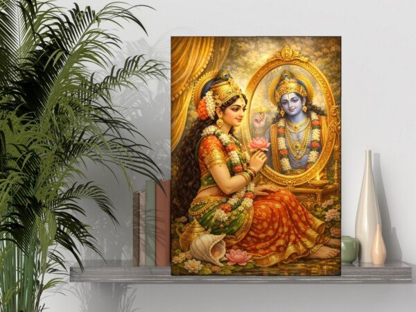 radha's mirror of krishna canvas wall art shown framed on a wall