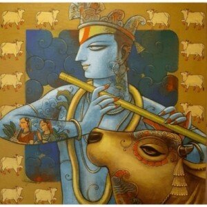 Krishna Cowherd Modern Art Canvas Wall Art 3x4 Feet – Floating Frame – Premium Digital Canvas Print – Living Room & Home Spiritual Wall Décor