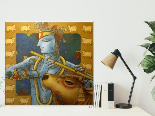 krishna cowherd modern art canvas wall art shown framed on a wall