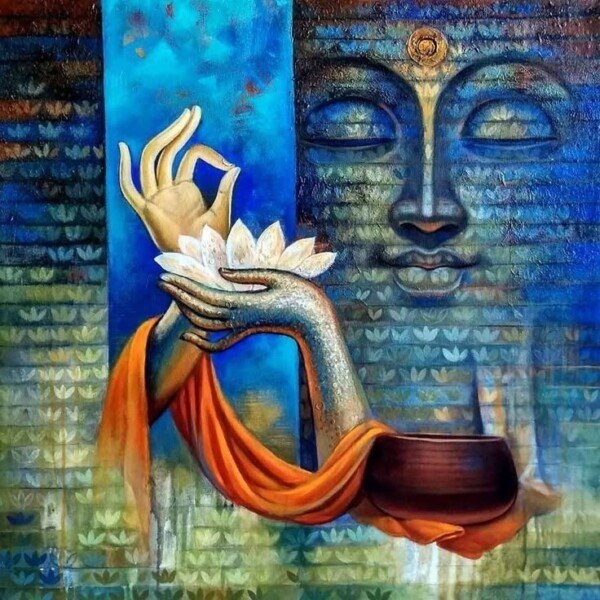buddha offering lotus canvas wall art