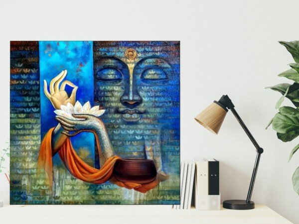 buddha offering lotus canvas wall art shown framed on a wall