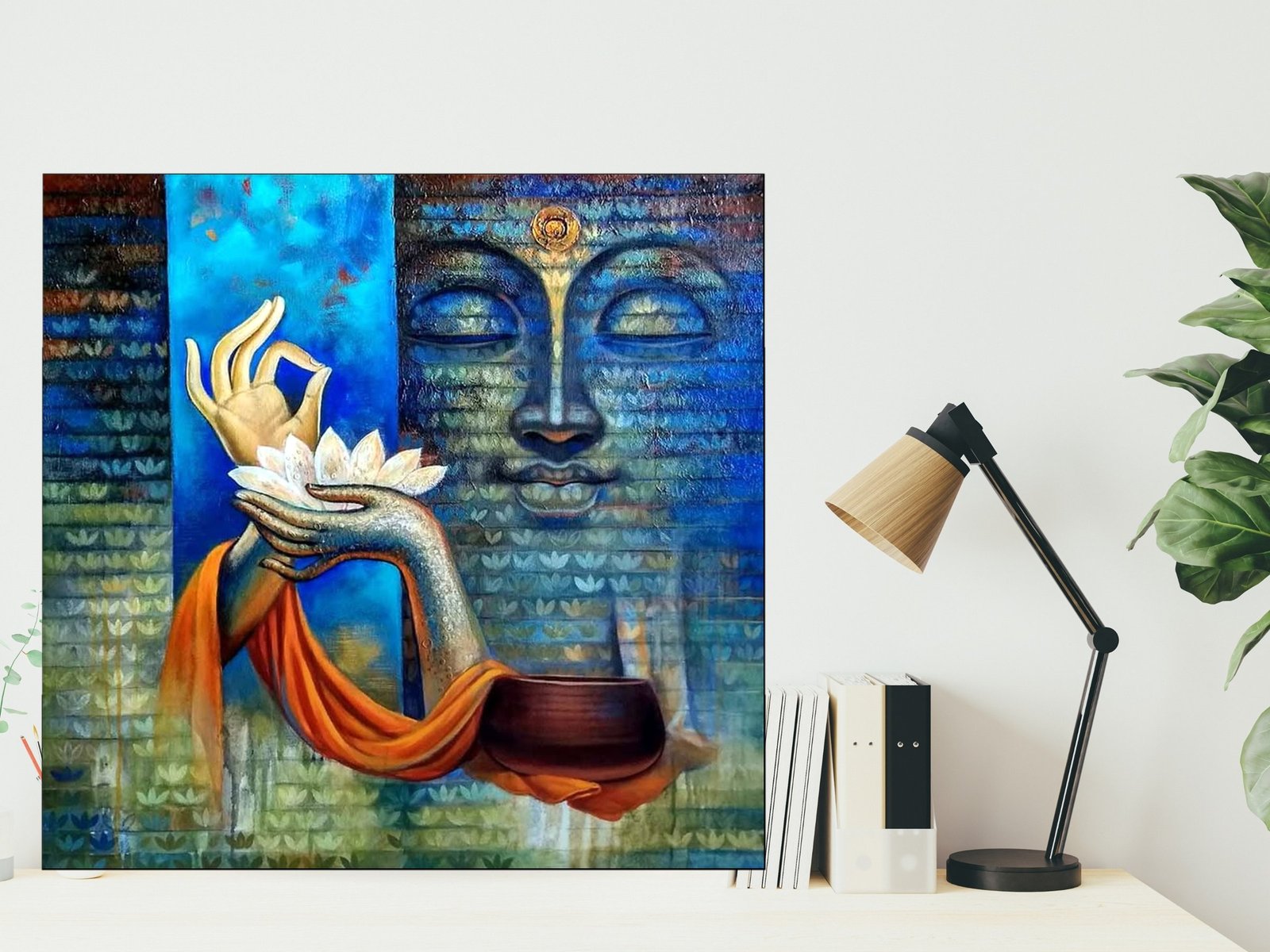 Buddha Offering Lotus framed canvas wall art