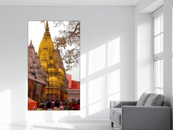 kashi vishwanath gold spire canvas wall art shown framed on a wall