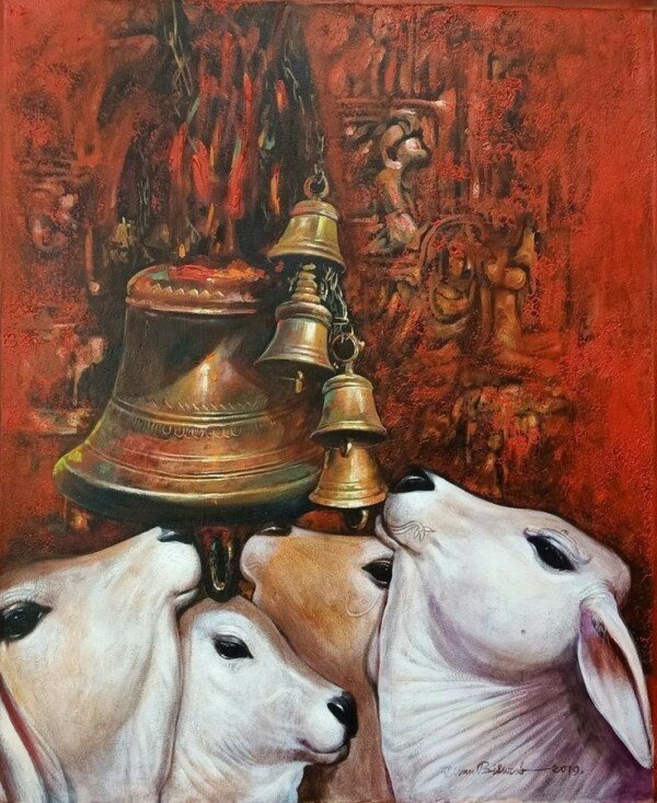 temple bells and cows canvas wall art