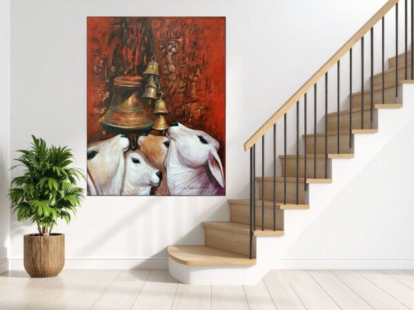 temple bells and cows canvas wall art shown framed on a wall