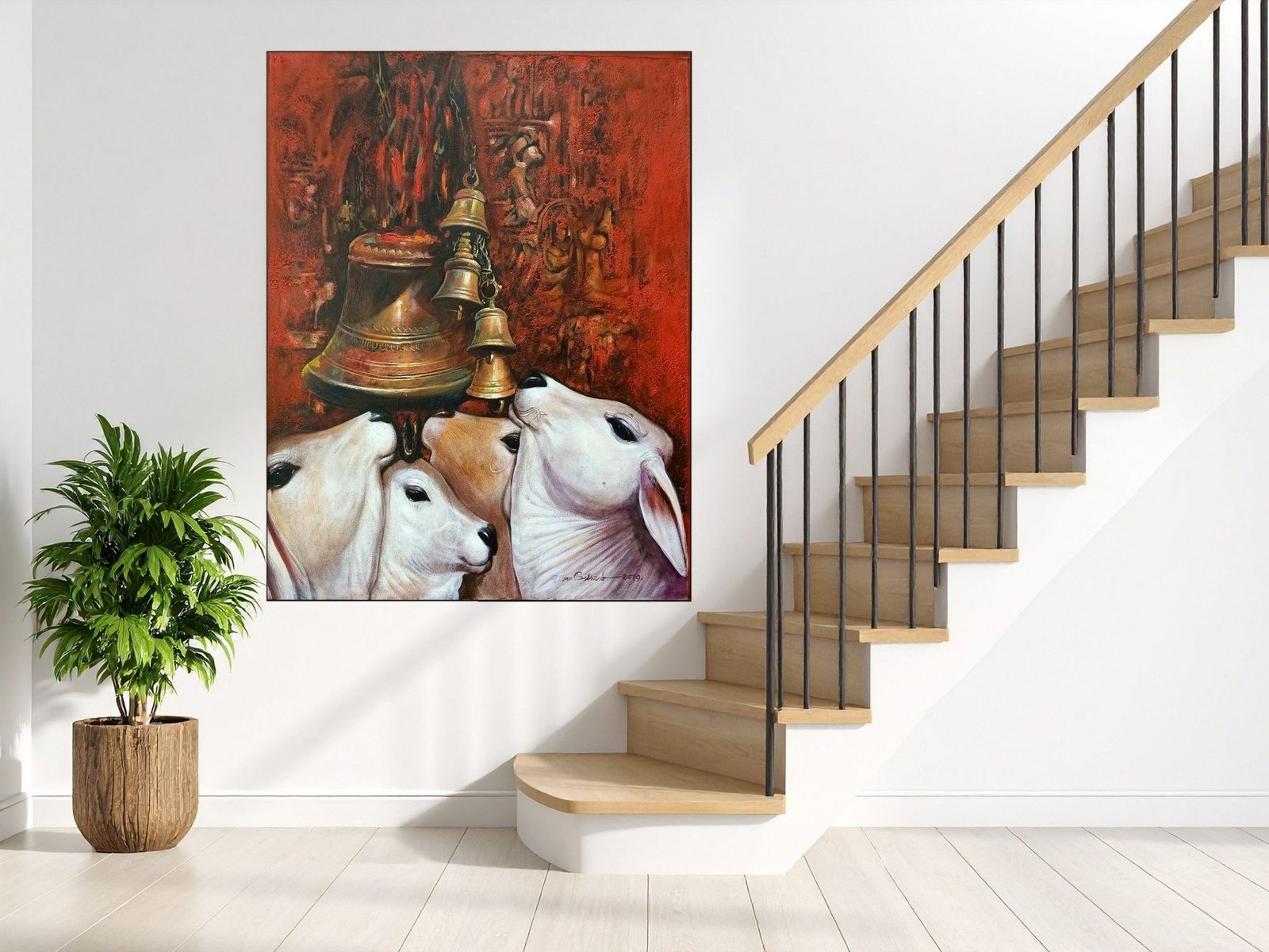 Temple Bells and Cows framed canvas wall art