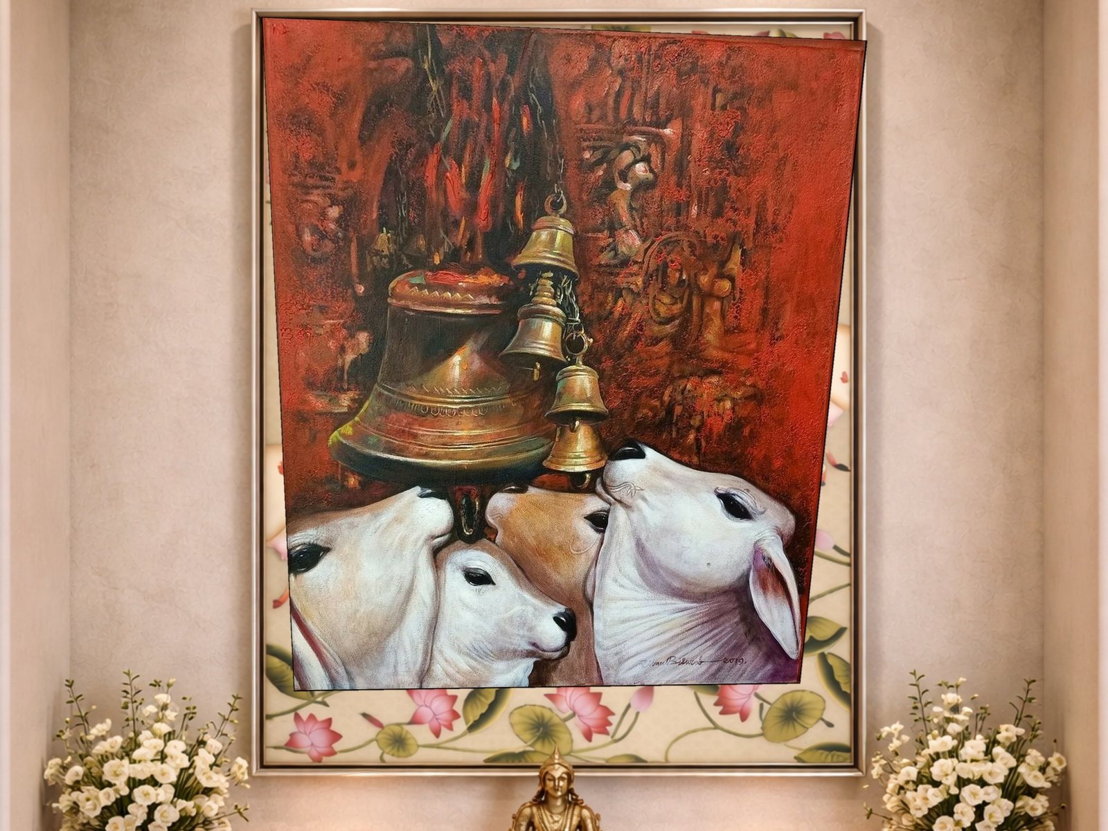 Temple Bells and Cows canvas wall art placement