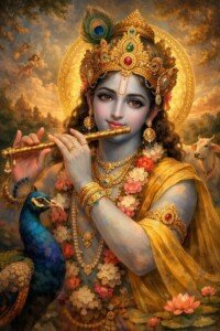 Krishna Peacock Serenade Canvas Wall Art 3x4 Feet – Floating Frame – Premium Digital Canvas Print – Living Room & Home Spiritual Wall Décor