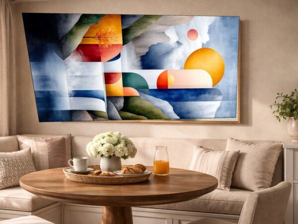 geometric falls sunrise canvas wall art shown framed on a wall