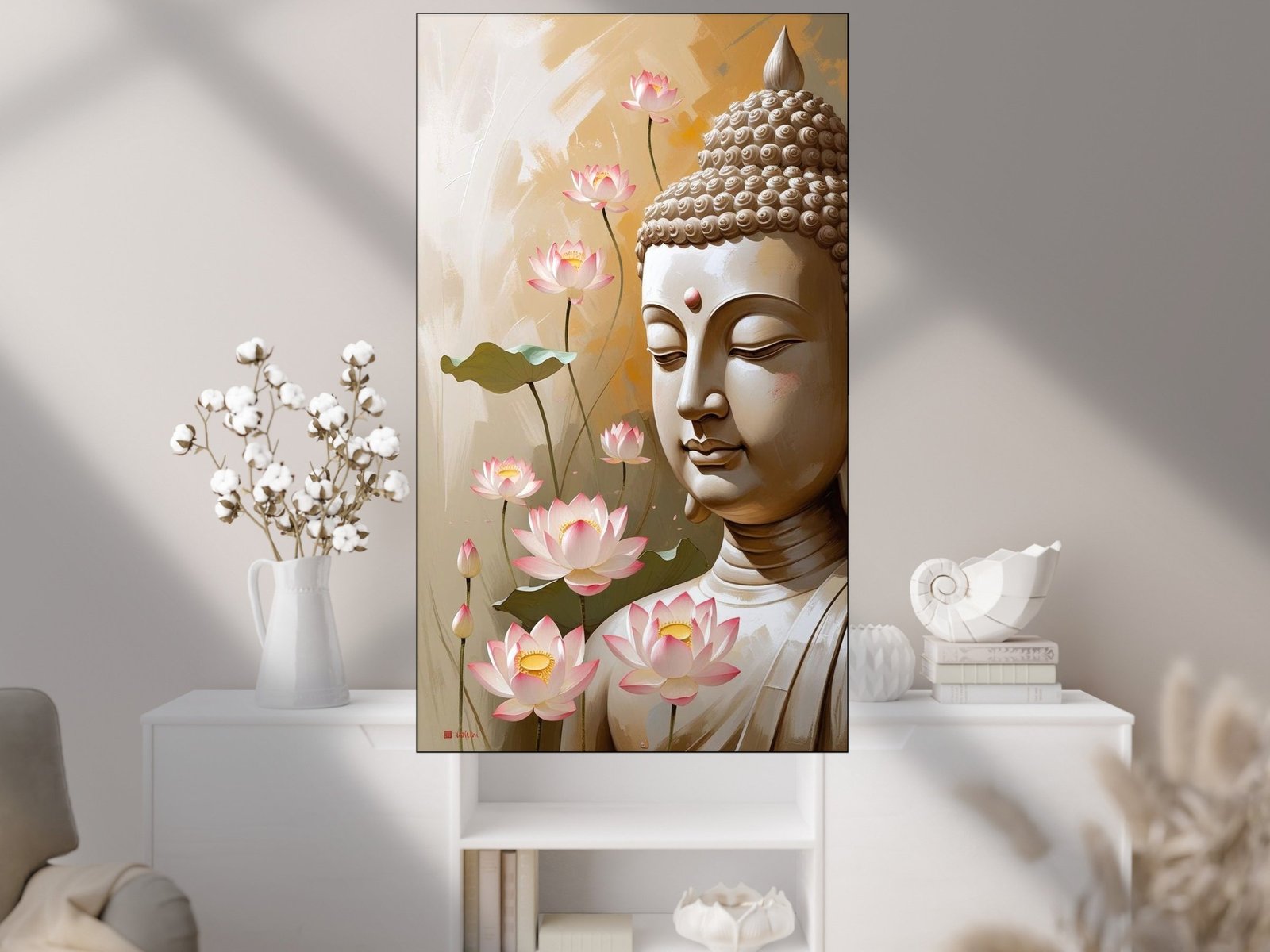 Buddha Among Pink Lotuses framed canvas wall art