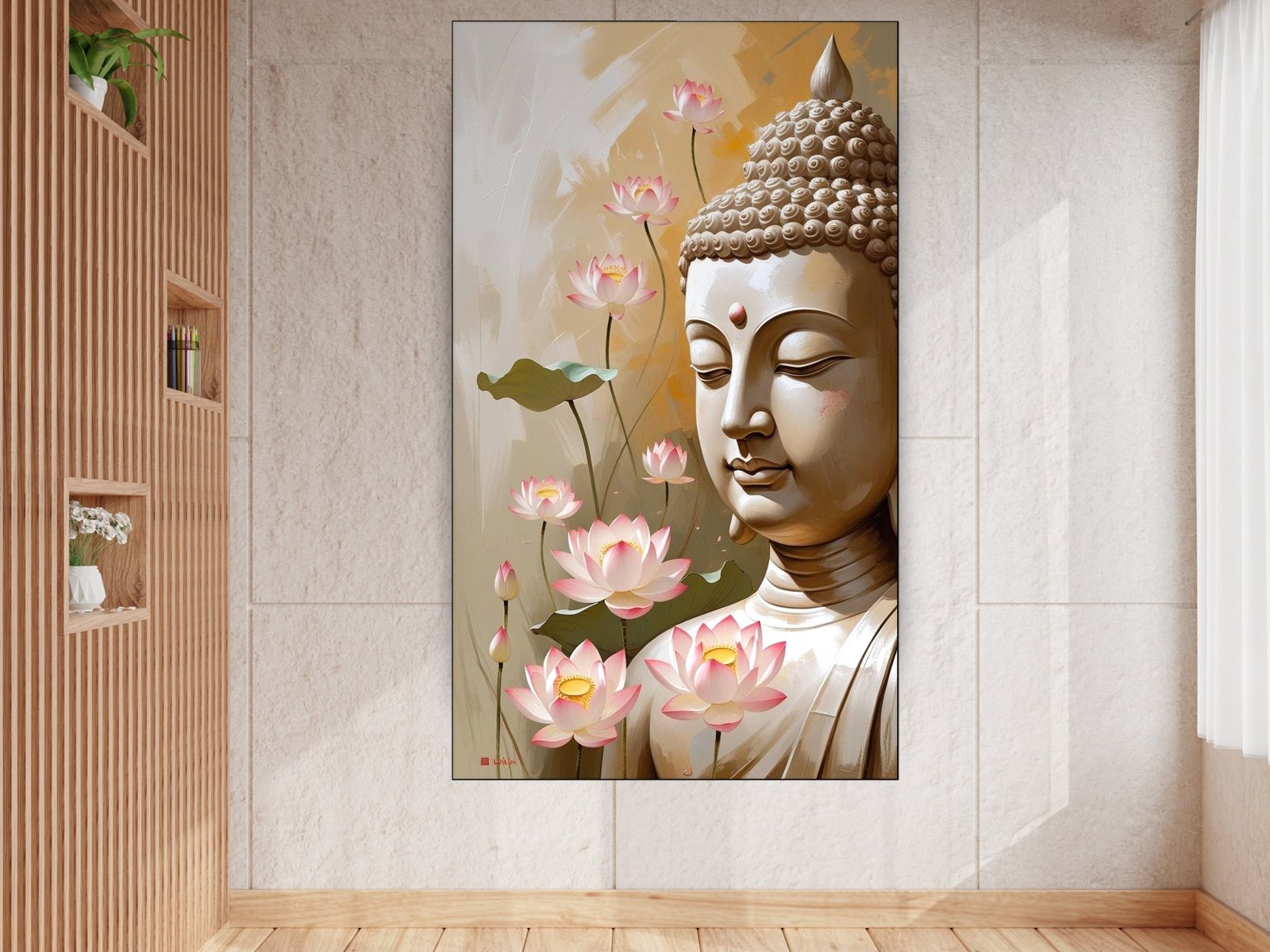 Buddha Among Pink Lotuses canvas wall art placement