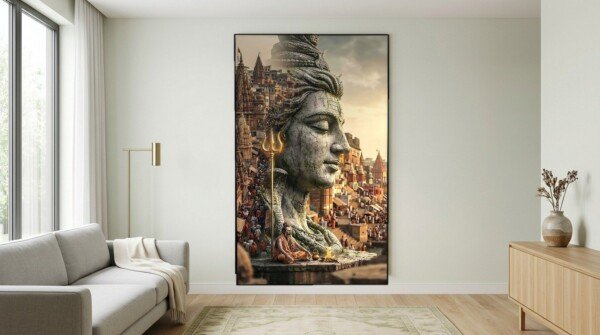 shiva of the ghats canvas wall art shown framed on a wall