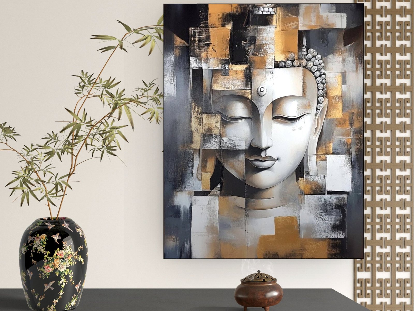 Cubist Buddha Visage framed canvas wall art