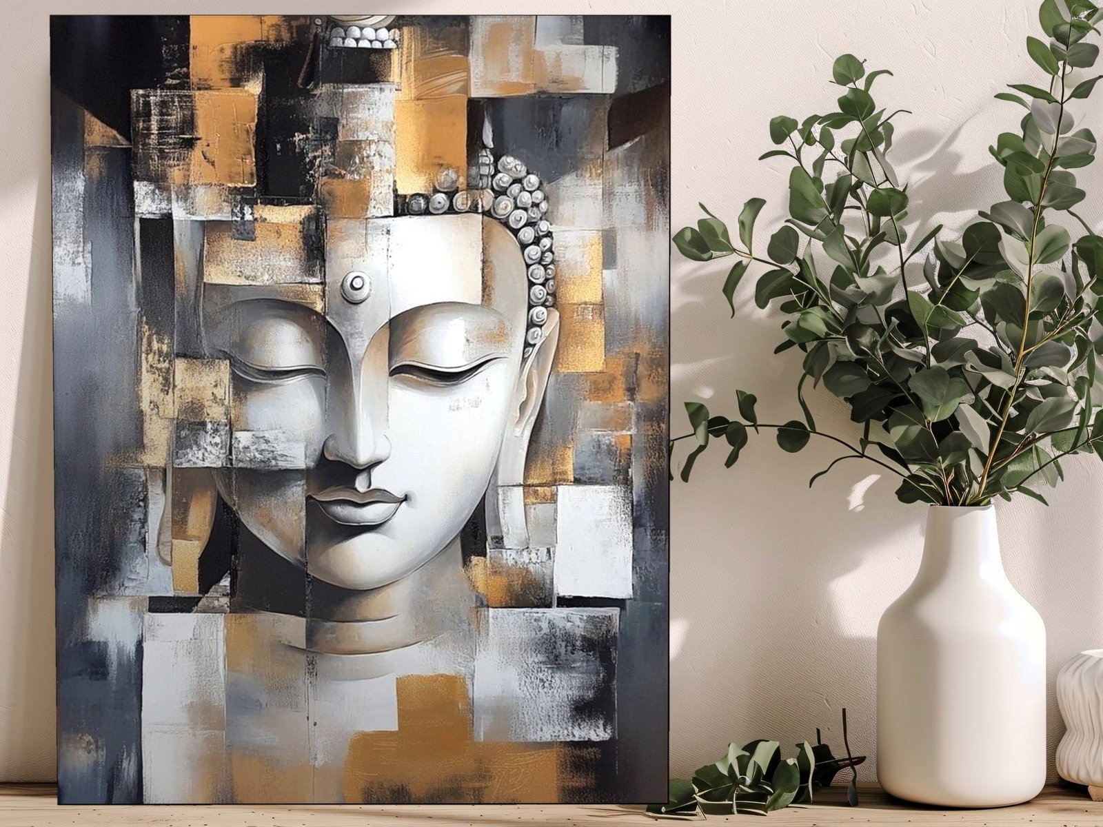 Cubist Buddha Visage canvas wall art placement