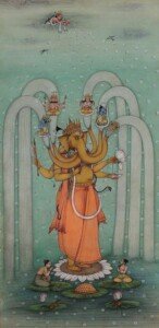 Pichwai Ganesha Fountains Canvas Wall Art 3x4 Feet – Floating Frame – Premium Digital Canvas Print – Living Room & गृह आध्यात्मिक दीवार सजावट