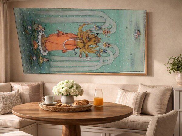 pichwai ganesha fountains canvas wall art shown framed on a wall