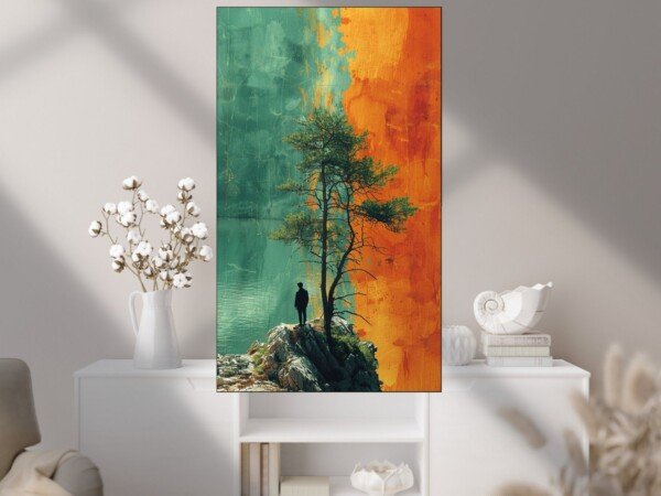 lone tree between worlds canvas wall art shown framed on a wall