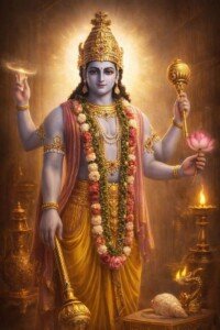 Vishnu in Golden Garlands Canvas Wall Art 3x4 Feet – Floating Frame – Premium Digital Canvas Print – Living Room & गृह आध्यात्मिक दीवार सजावट