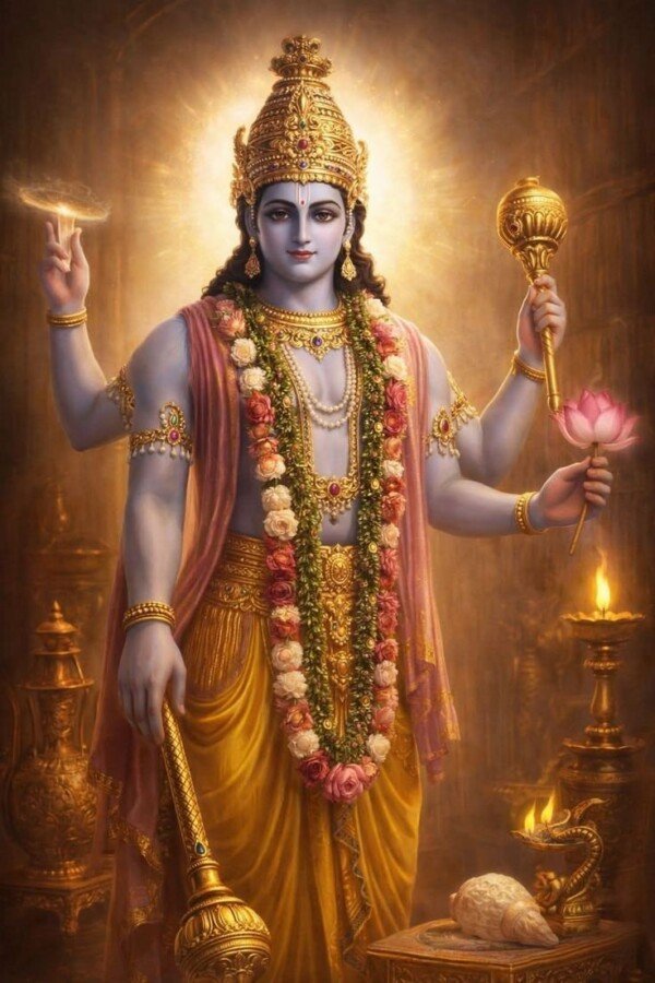 vishnu in golden garlands canvas wall art