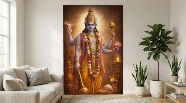 vishnu in golden garlands canvas wall art shown framed on a wall