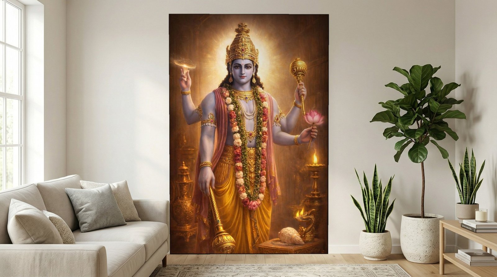 Vishnu in Golden Garlands framed canvas wall art