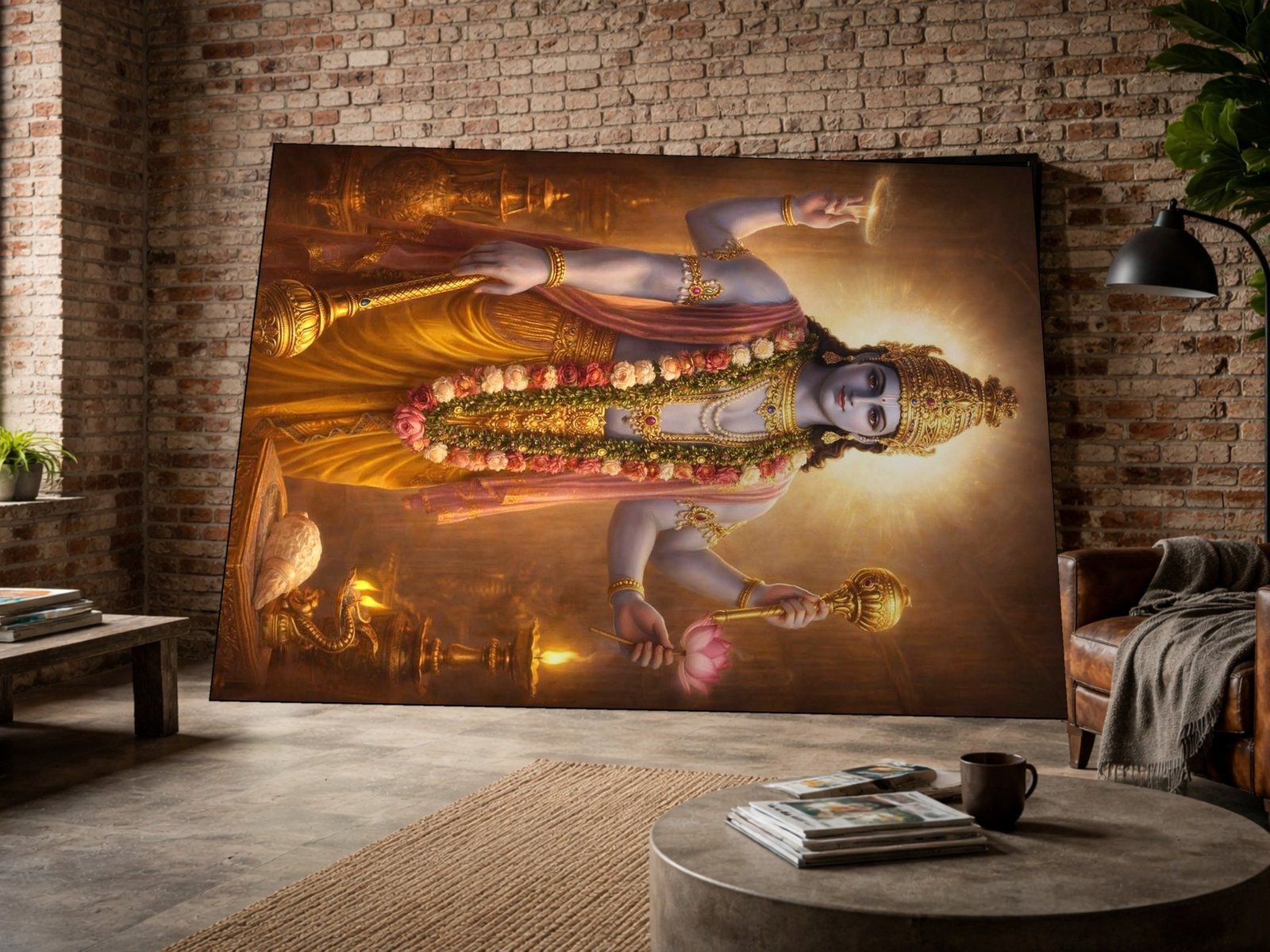 Vishnu in Golden Garlands canvas wall art placement