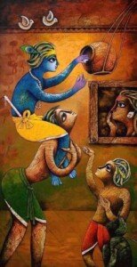 Krishna and the Monkeys Folk Canvas Wall Art 3x4 Feet – Floating Frame – Premium Digital Canvas Print – Living Room & गृह आध्यात्मिक दीवार सजावट