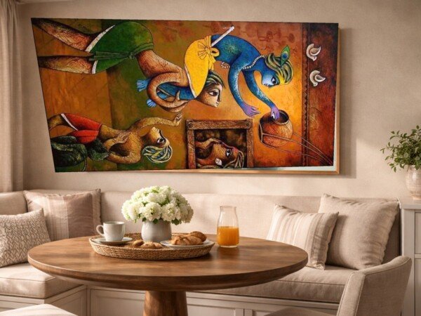 krishna and the monkeys folk canvas wall art shown framed on a wall