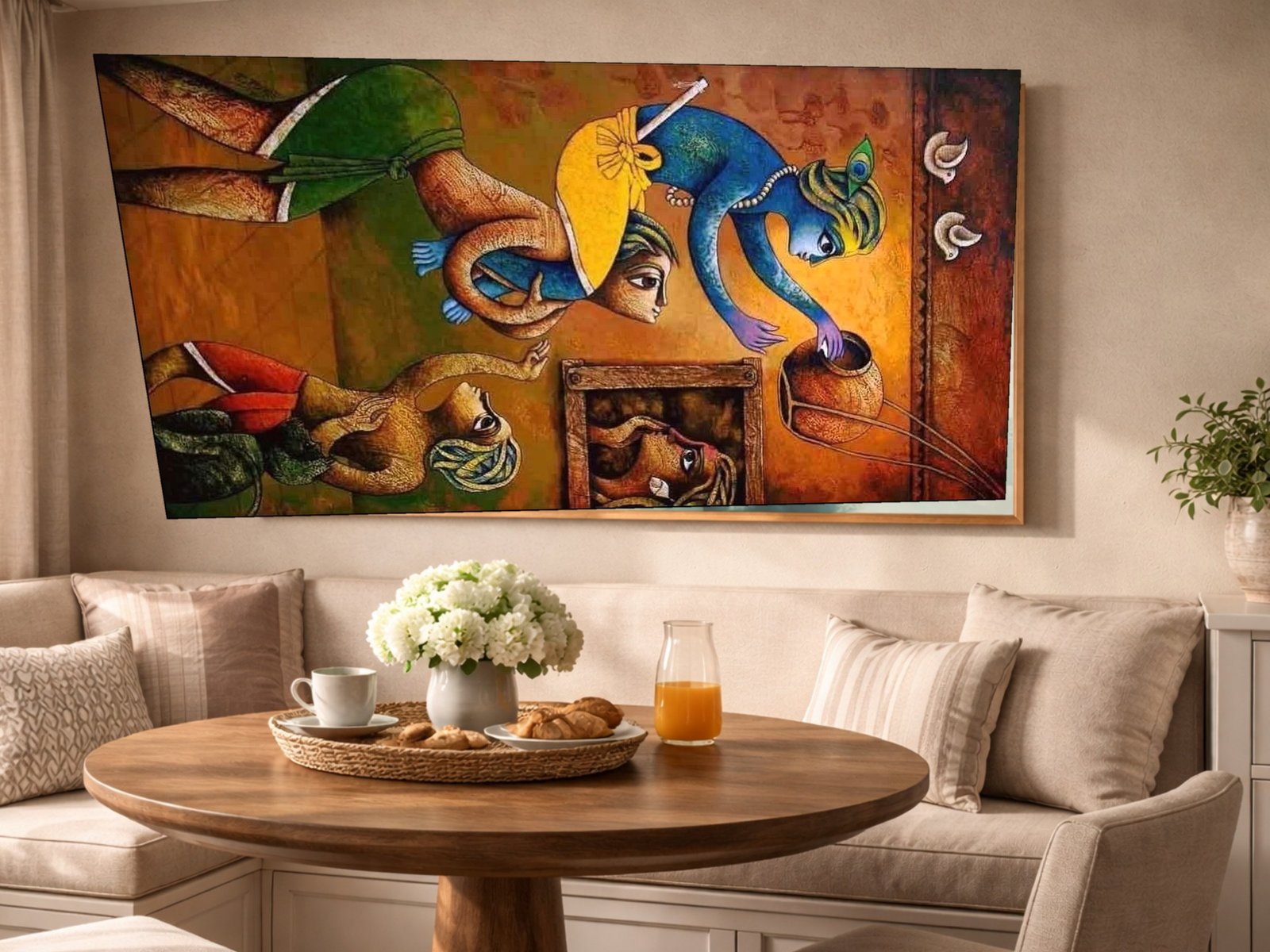 Krishna and the Monkeys Folk framed canvas wall art