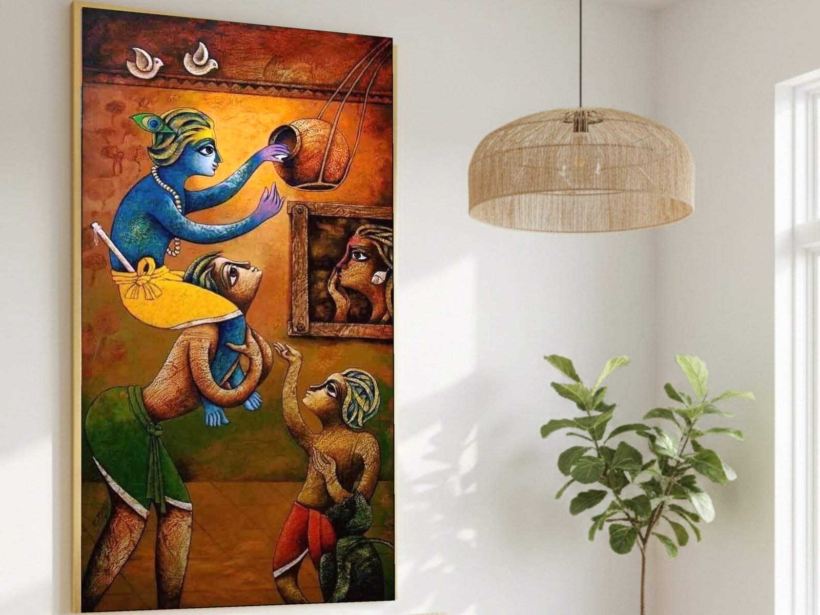 Krishna and the Monkeys Folk canvas wall art placement