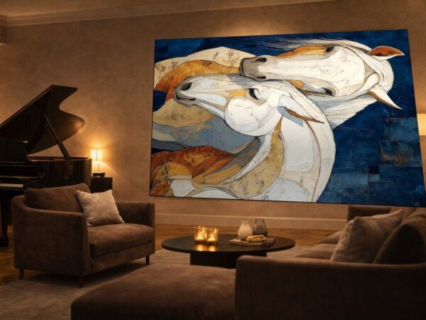 two horses cubist canvas wall art shown framed on a wall