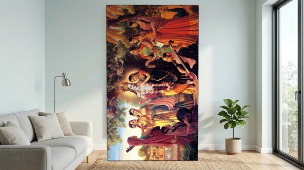 kirtan celebration canvas wall art shown framed on a wall