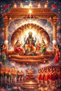 Vaikuntha Celestial Court Canvas Wall Art 3x4 Feet – Floating Frame – Premium Digital Canvas Print – Living Room & Home Spiritual Wall Décor