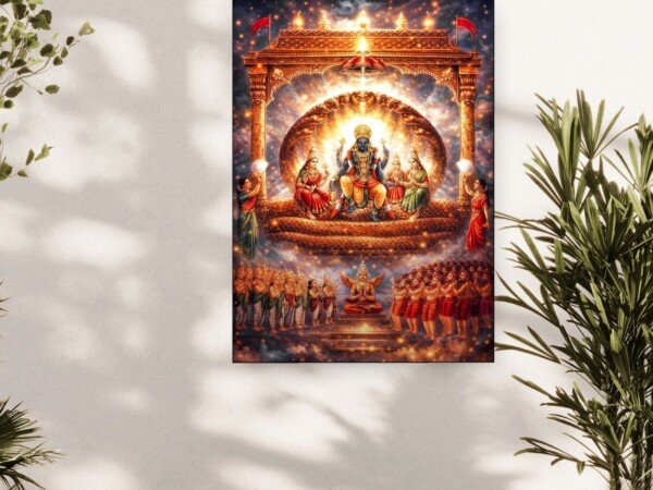 vaikuntha celestial court canvas wall art shown framed on a wall