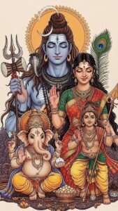 Shiva Family Harmony Canvas Wall Art 3x4 Feet – Floating Frame – Premium Digital Canvas Print – Living Room & गृह आध्यात्मिक दीवार सजावट