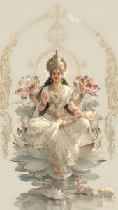 Devi in White on Lotus Canvas Wall Art 3x4 Feet – Floating Frame – Premium Digital Canvas Print – Living Room & Home Spiritual Wall Décor