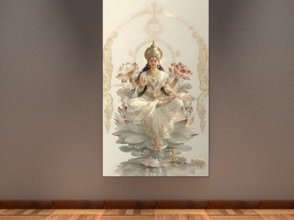 devi in white on lotus canvas wall art shown framed on a wall