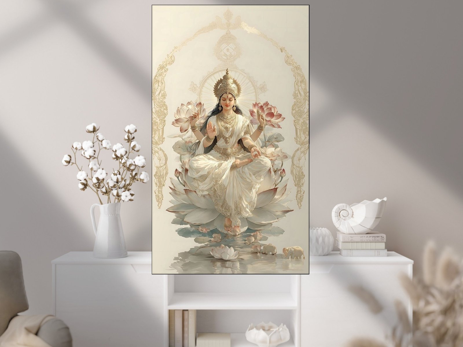 Devi in White on Lotus canvas wall art placement