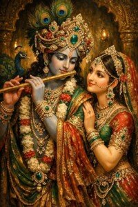 Radha Krishna Jeweled Duet Canvas Wall Art 3x4 Feet – Floating Frame – Premium Digital Canvas Print – Living Room & गृह आध्यात्मिक दीवार सजावट