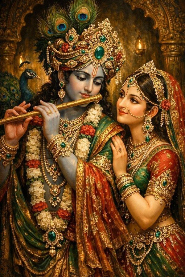 radha krishna jeweled duet canvas wall art