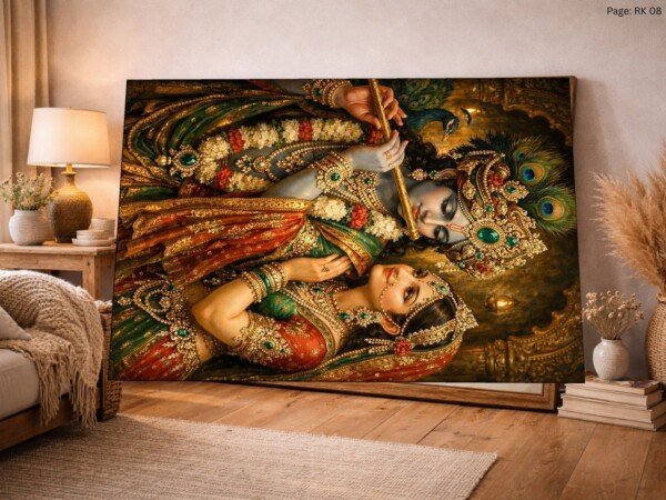radha krishna jeweled duet canvas wall art shown framed on a wall