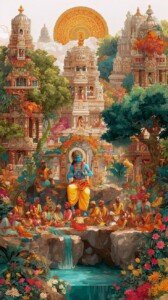 Krishna's Temple Gardens Canvas Wall Art 3x4 Feet – Floating Frame – Premium Digital Canvas Print – Living Room & Home Spiritual Wall Décor