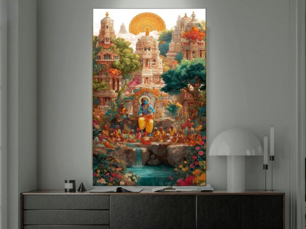 krishna's temple gardens canvas wall art shown framed on a wall