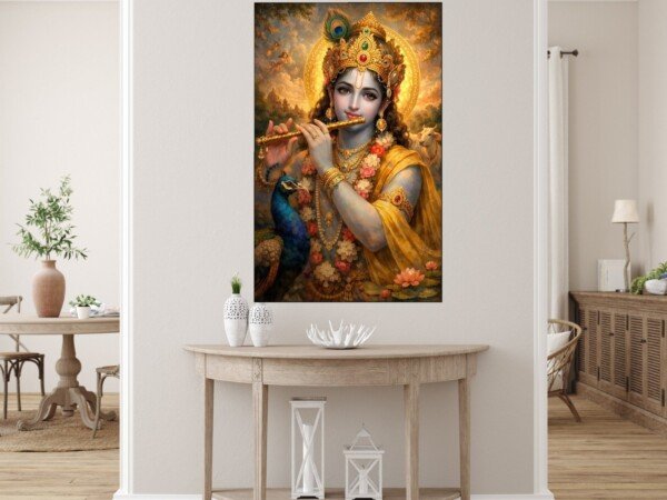 krishna peacock serenade canvas wall art shown framed on a wall