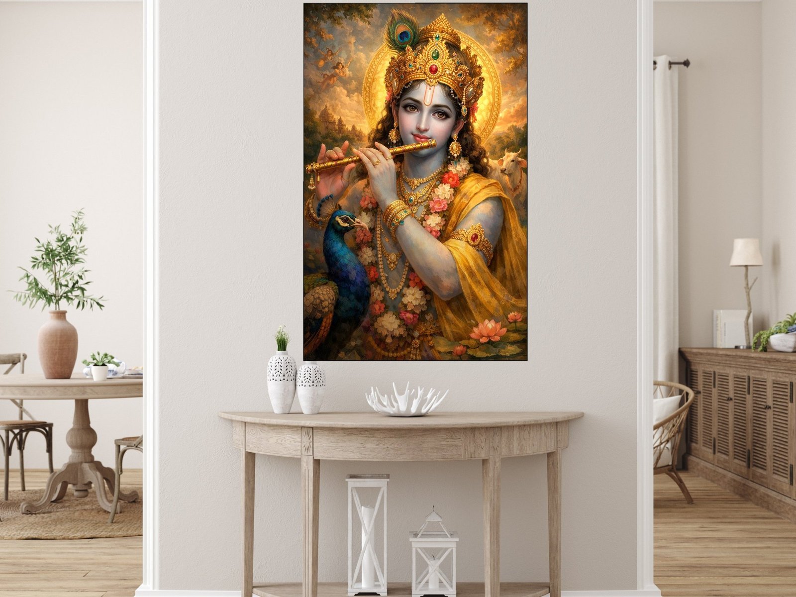 Krishna Peacock Serenade framed canvas wall art