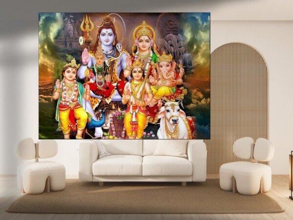 shiva parivar in clouds canvas wall art shown framed on a wall