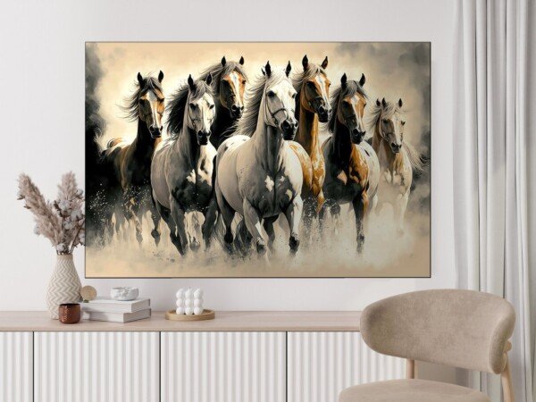 horses of the dust plains canvas wall art shown framed on a wall